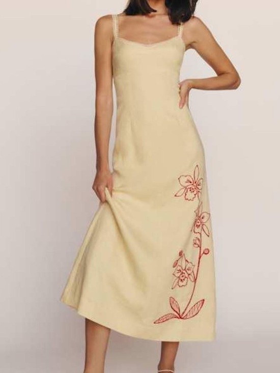 Reformation Dresses & Skirts - Reformation Cream Midi Slip Dress with Red Floral Embroidery